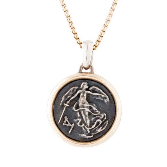 DAVID YURMAN 18K & STERLING SILVER ANGLE COIN AMULET PENDANT NECKLACE - Picture 1 of 13